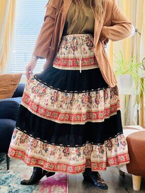 Vintage Prairie Midi Skirt 90s Ronnie Nicole Floral Beaded Flared Peasant M/L